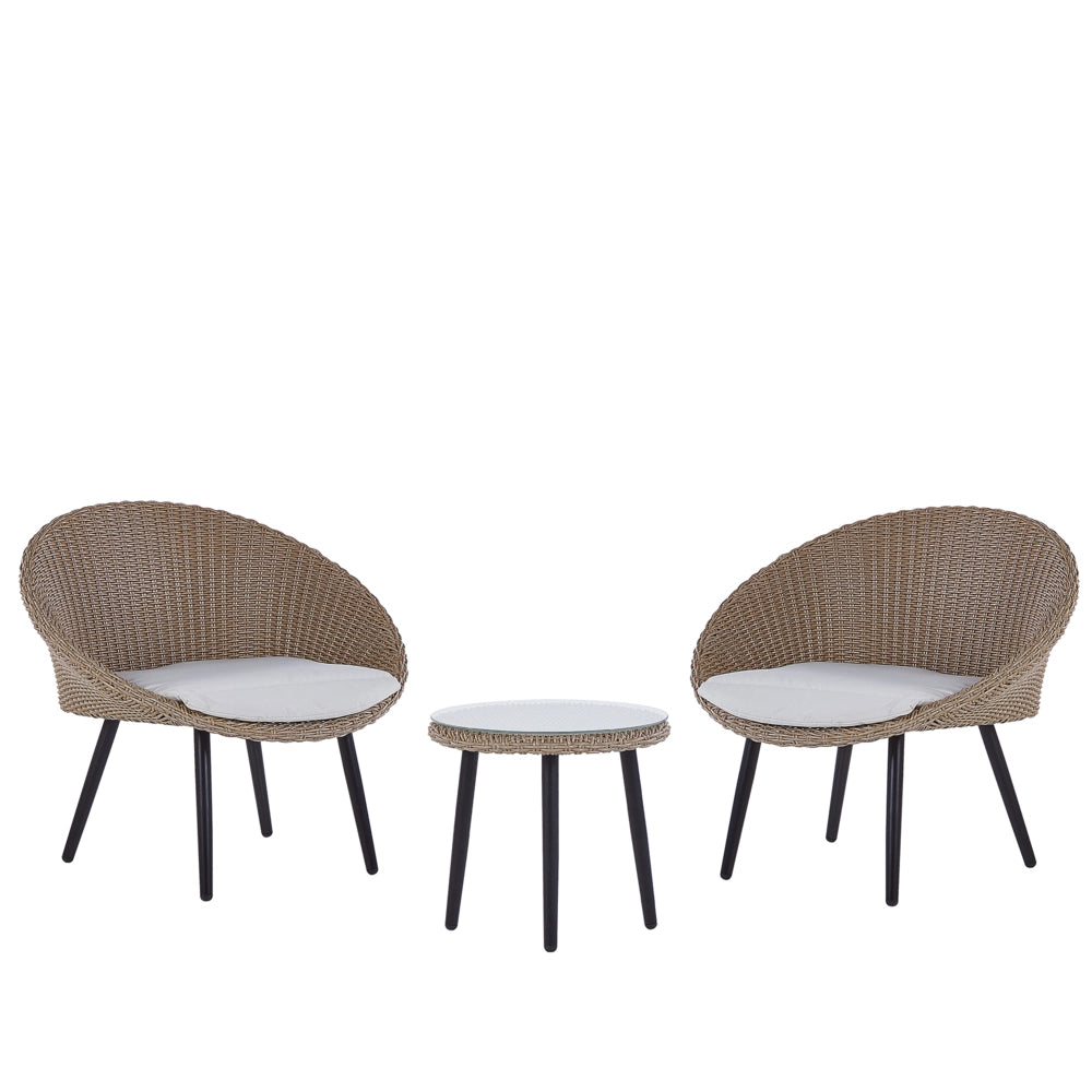 Set da bistrot da balcone con cuscini in vimini PE beige, tavolino e 2 sedie dal design moderno per esterni
