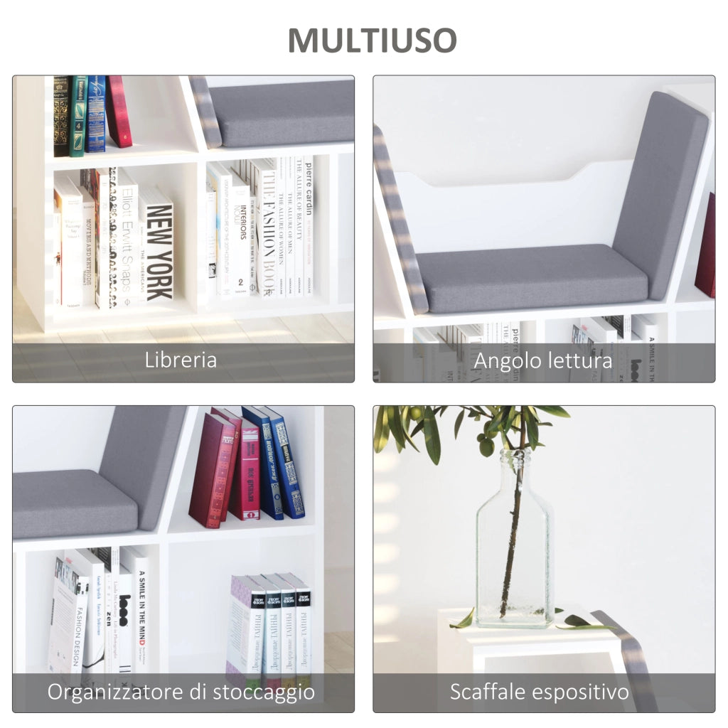 Mobile Libreria 102x30x61 cm a 6 Sezioni Seduta con Cuscini Morbidi in Legno Spugna e Poliestere Bianco