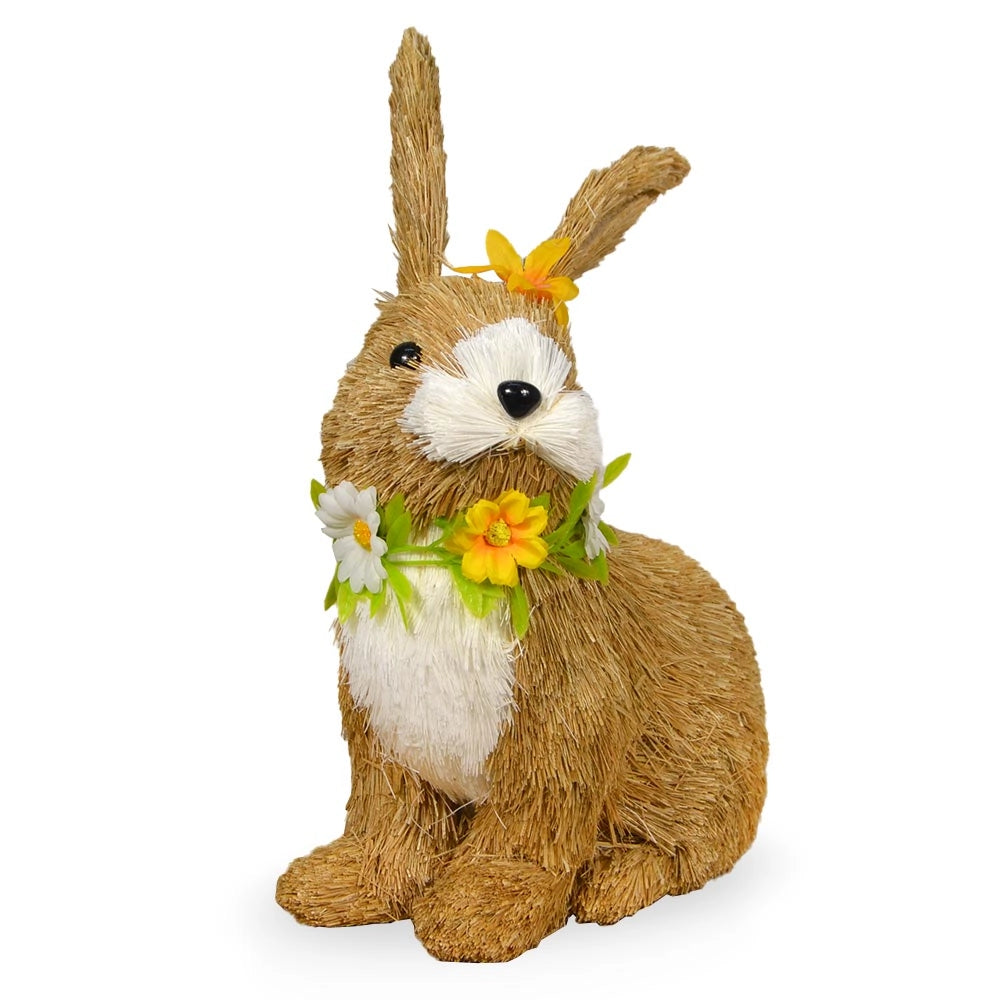 Coniglio pasquale decorativo in rafia naturale beige con collana fiori h30 cm