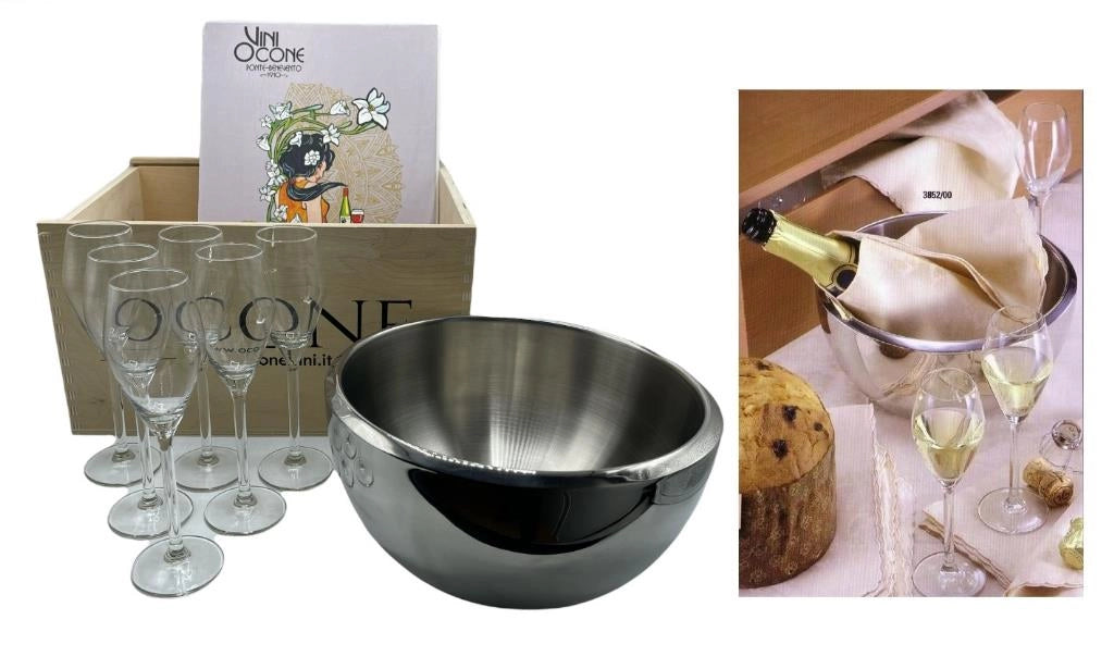 Set 6 Calici Flute + Secchiello Champagne Ghiaccio in Acciaio Inox Idea Regalo
