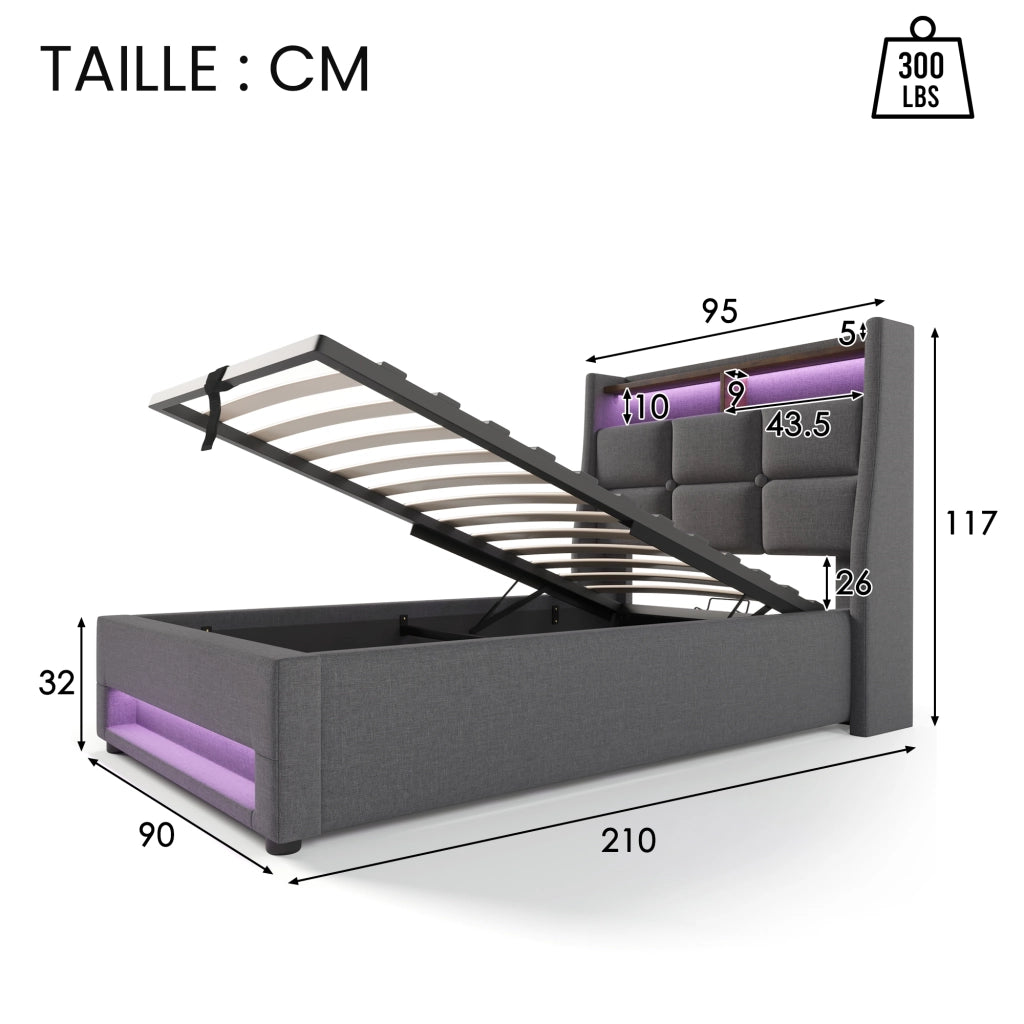 Letto contenitore singolo 90×200 cm con USB; LED e rete sollevabile; materasso incluso; lino; grigio