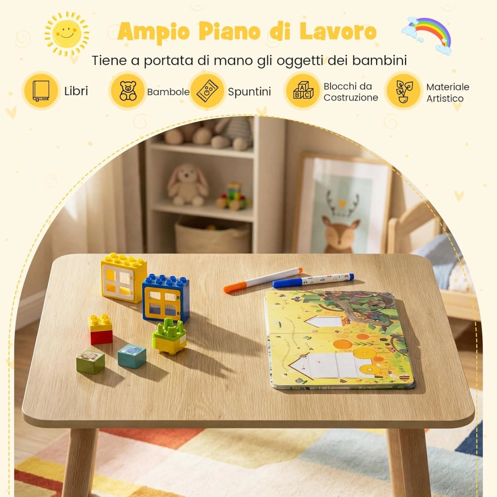 Set Tavolo e 2 Sedie per Bambini, Tavolo Attività con Schienali a Spindola Curvi, Sedute Rotonde e Gambe in Legno Massello, Tavolino per Bambini 3+ Anni per Disegno, Gioco e Studio (Naturale)