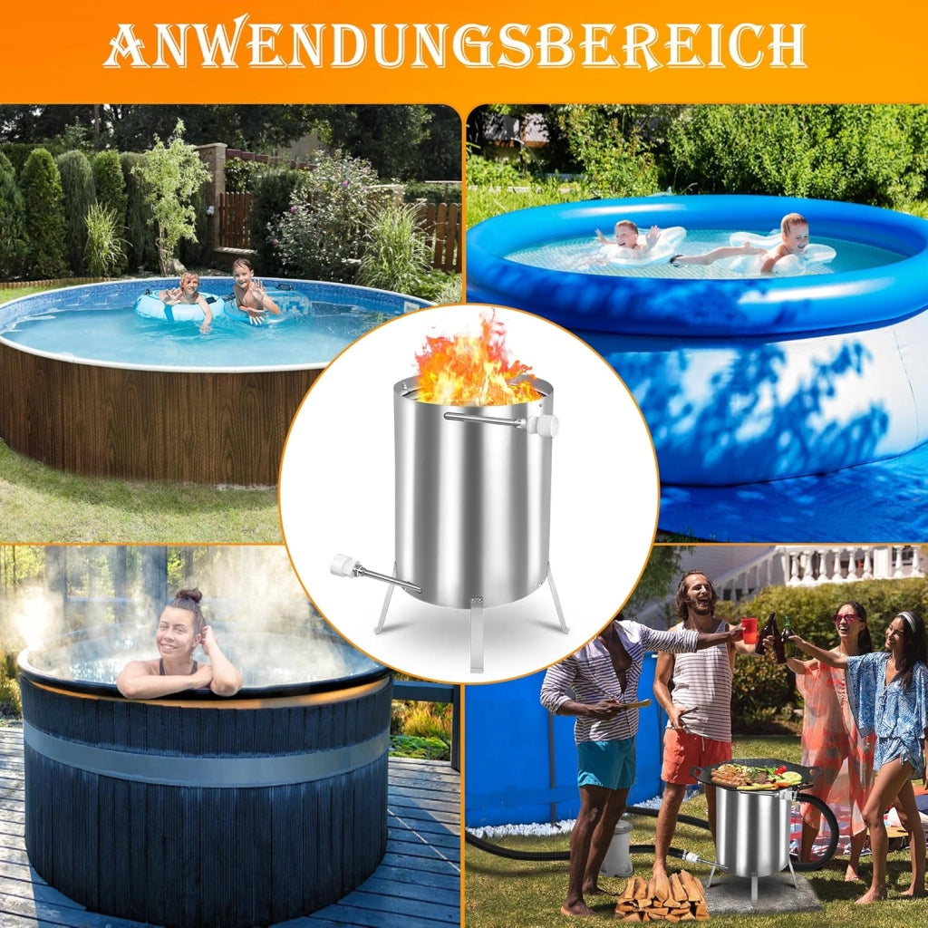 Riscaldatore per piscina, in legno, con fuoco, in acciaio inox, con spirale di riscaldamento, tappetino ignifugo e vassoio per piscina