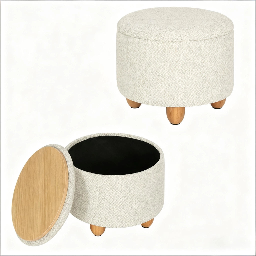 Pouf contenitore rotondo in lino grezzo, crema, con funzione tavolino e struttura in MDF