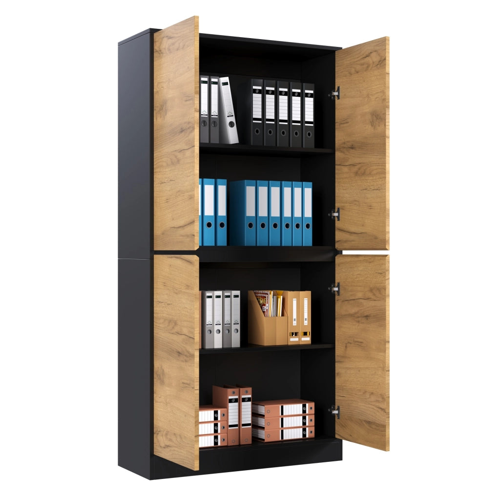 Armadio alto ULEVR 80x35x180 cm con ripiani regolabili e cerniere soft-close, nero e effetto rovere