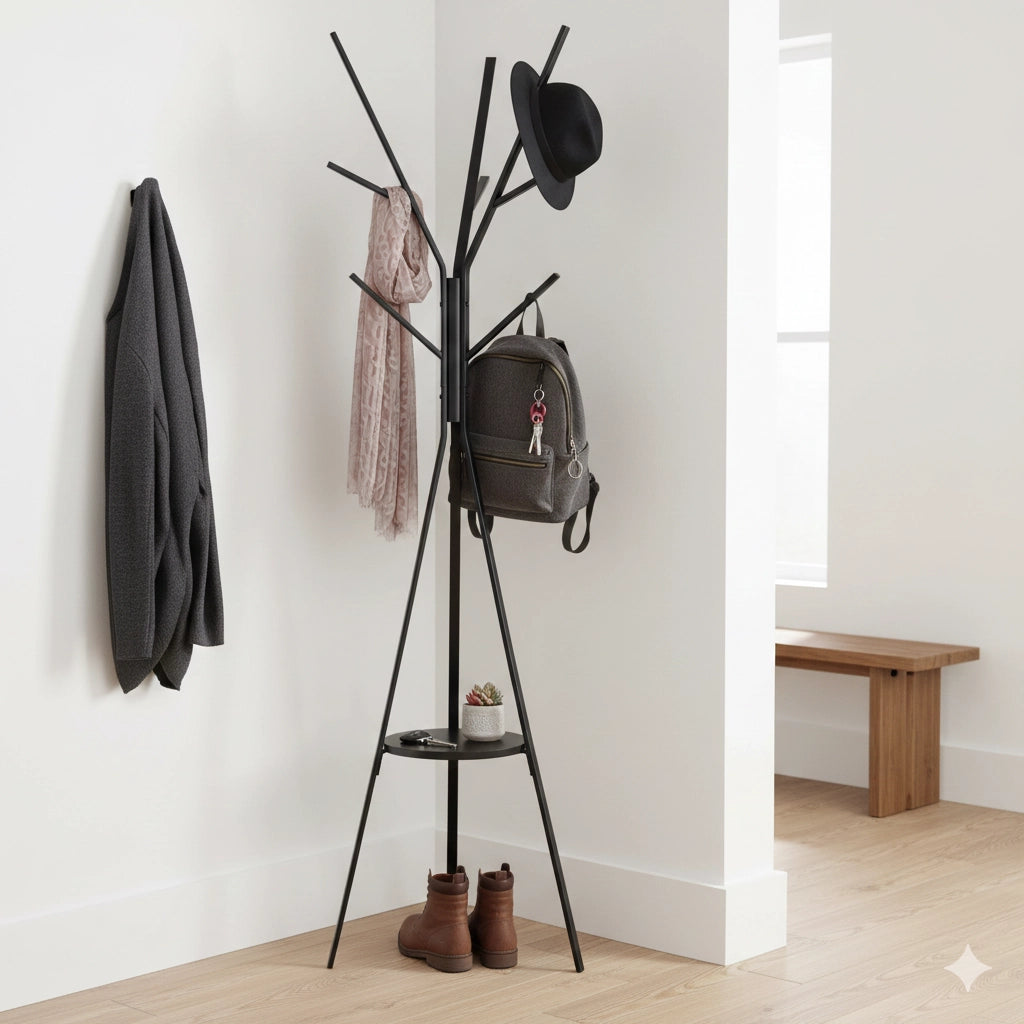 Appendiabiti da Terra Attaccapanni in Metallo e Legno Nero 45x45x180 cm