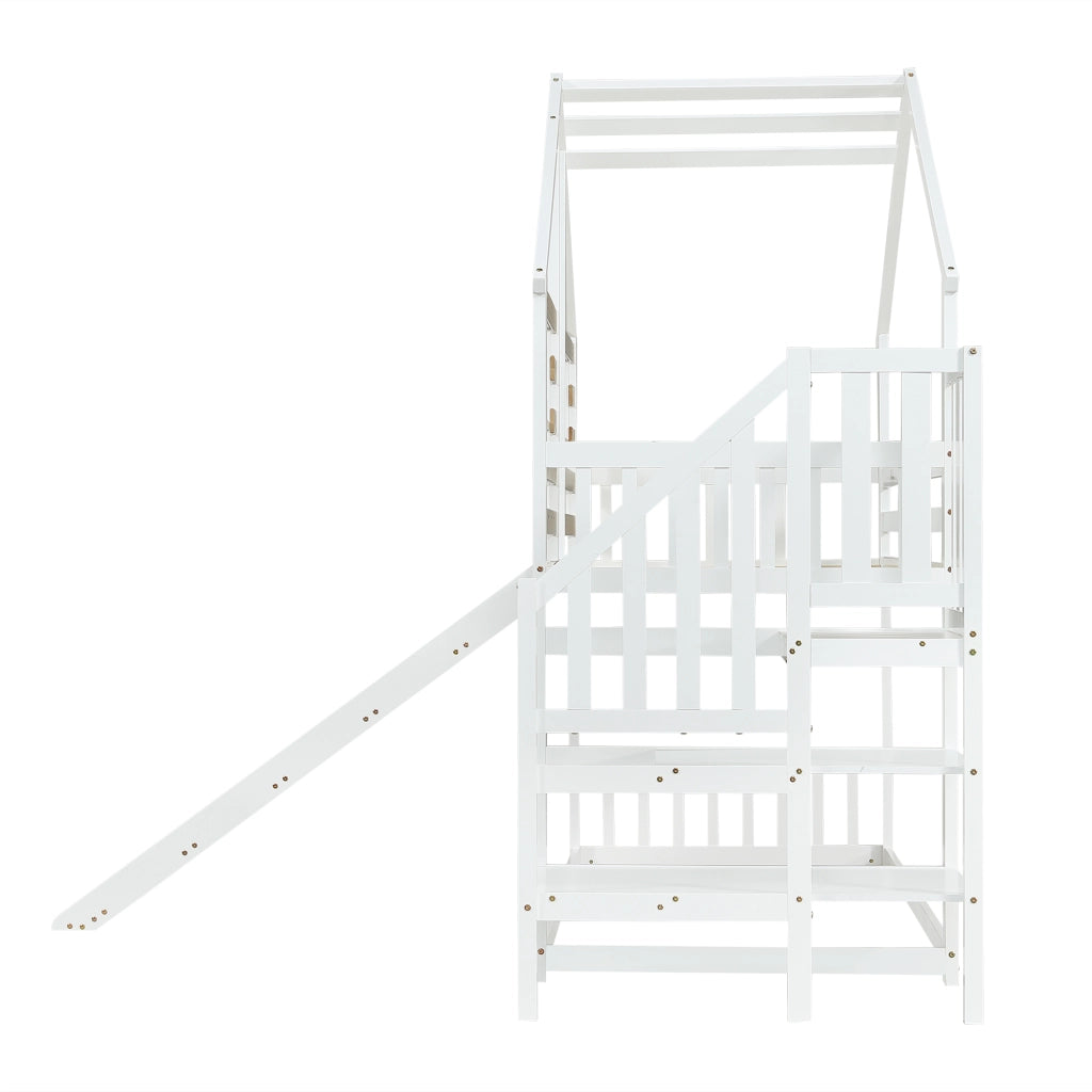 Letto a Castello 90x200 cm; Letto 2 Posti - Con Scala; Scivolo e Finestre - Bianco