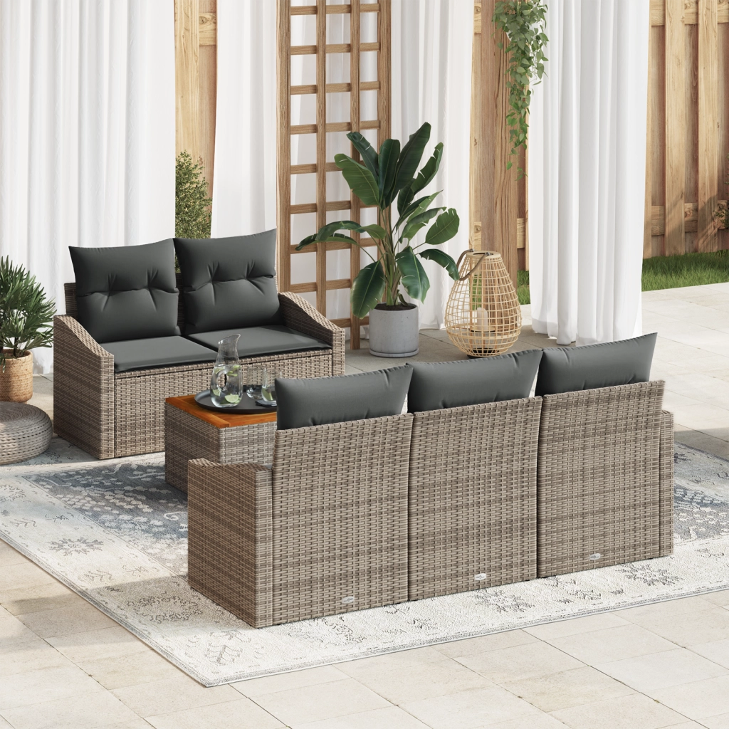 Set di Divani da Giardino di 6 Pezzi con Cuscini Grigio Polirattan Acacia