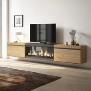 Mobile TV Soggiorno, 267x35x45cm, TV di grande formato, Camino elettrico XXL, da appendere, colore Rovere e nero RF3604