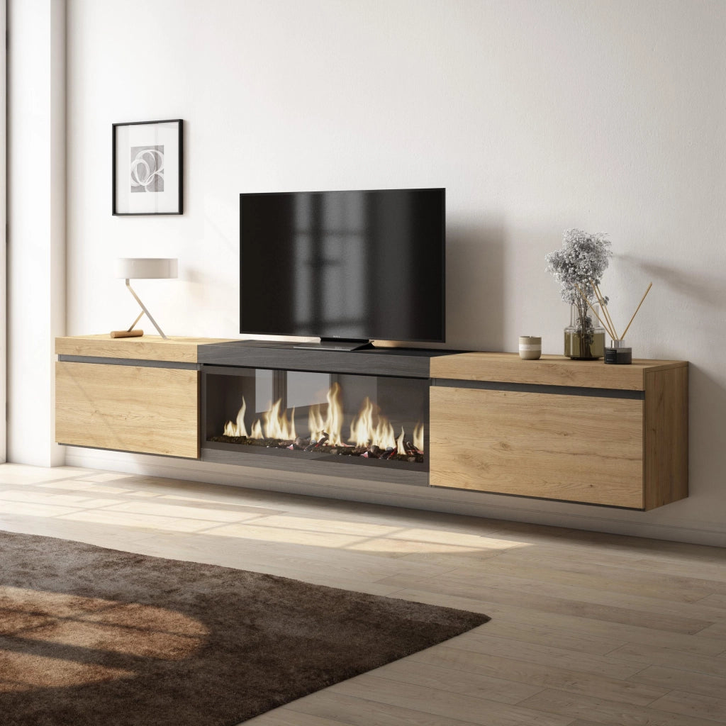 Mobile TV Soggiorno, 267x35x45cm, TV di grande formato, Camino elettrico XXL, da appendere, colore Rovere e nero RF3604