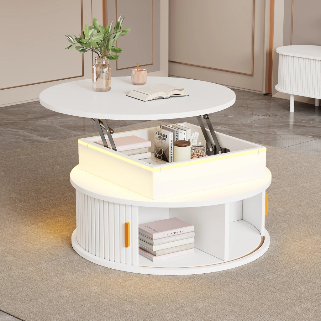 Tavolino basso sollevabile rotondo con LED e vano contenitore in MDF bianco per soggiorno 75 × 75 × 52 cm