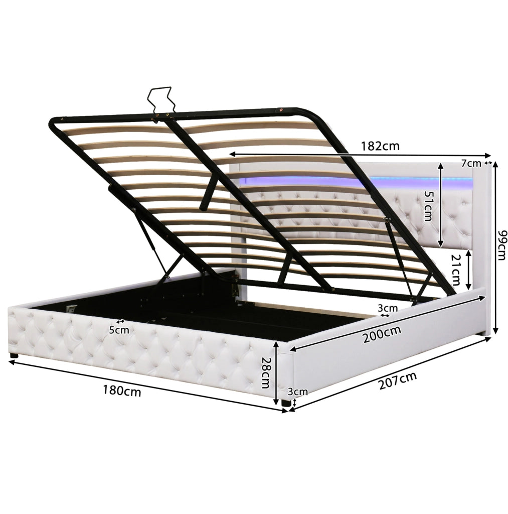 Polsterbett 180x200 cm con contenitore; LED; rete a doghe; PU bianco
