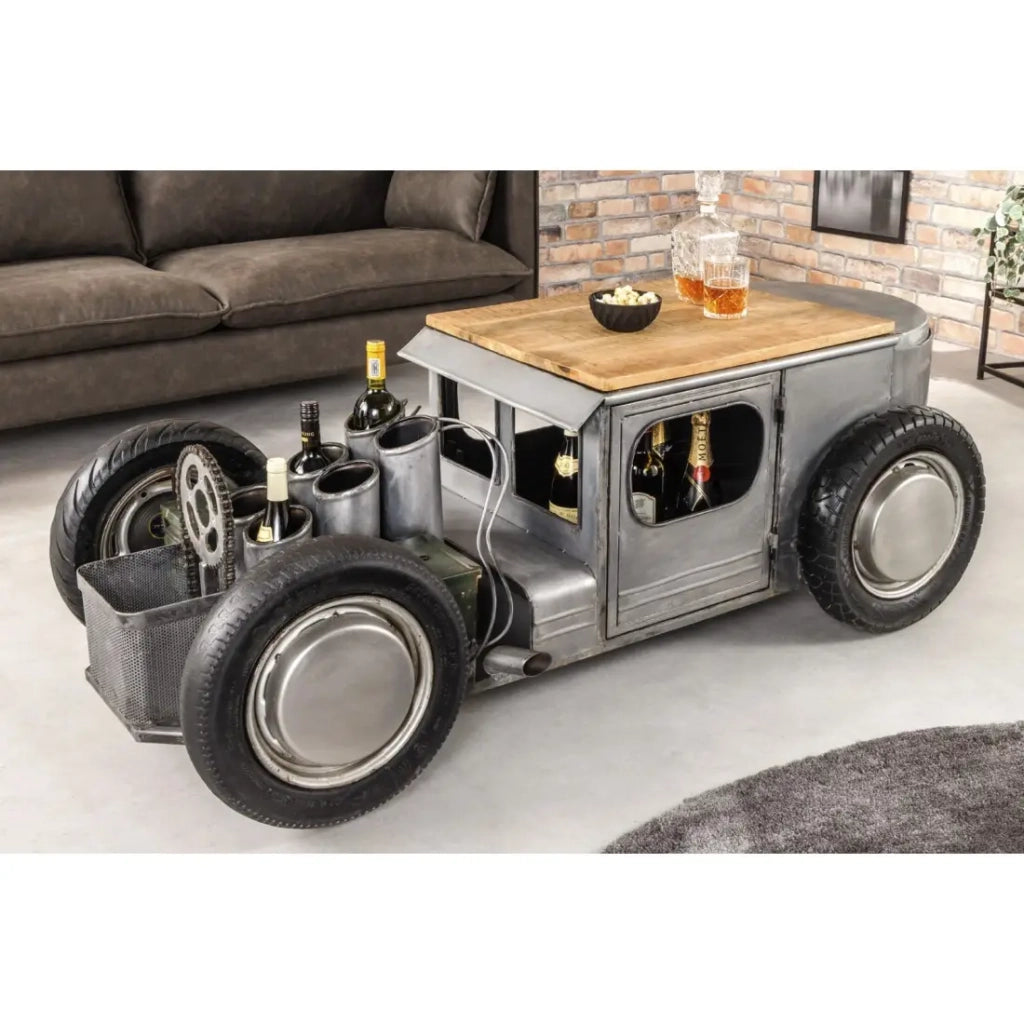 Tavolino CARROAD 165 cm in acciaio e legno di mango stile auto d'epoca