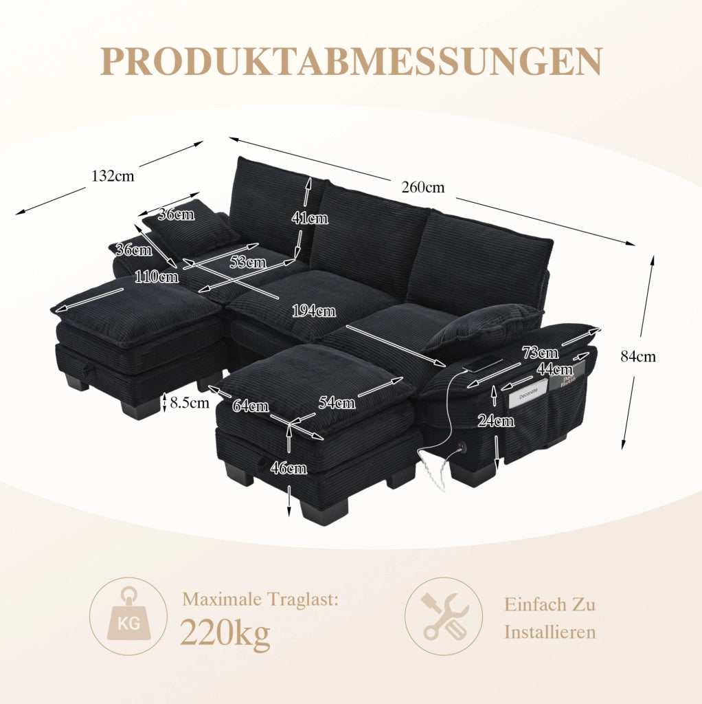 Divano modulare 3 posti con 2 pouf; USB-C; tasche laterali; velluto a coste; nero
