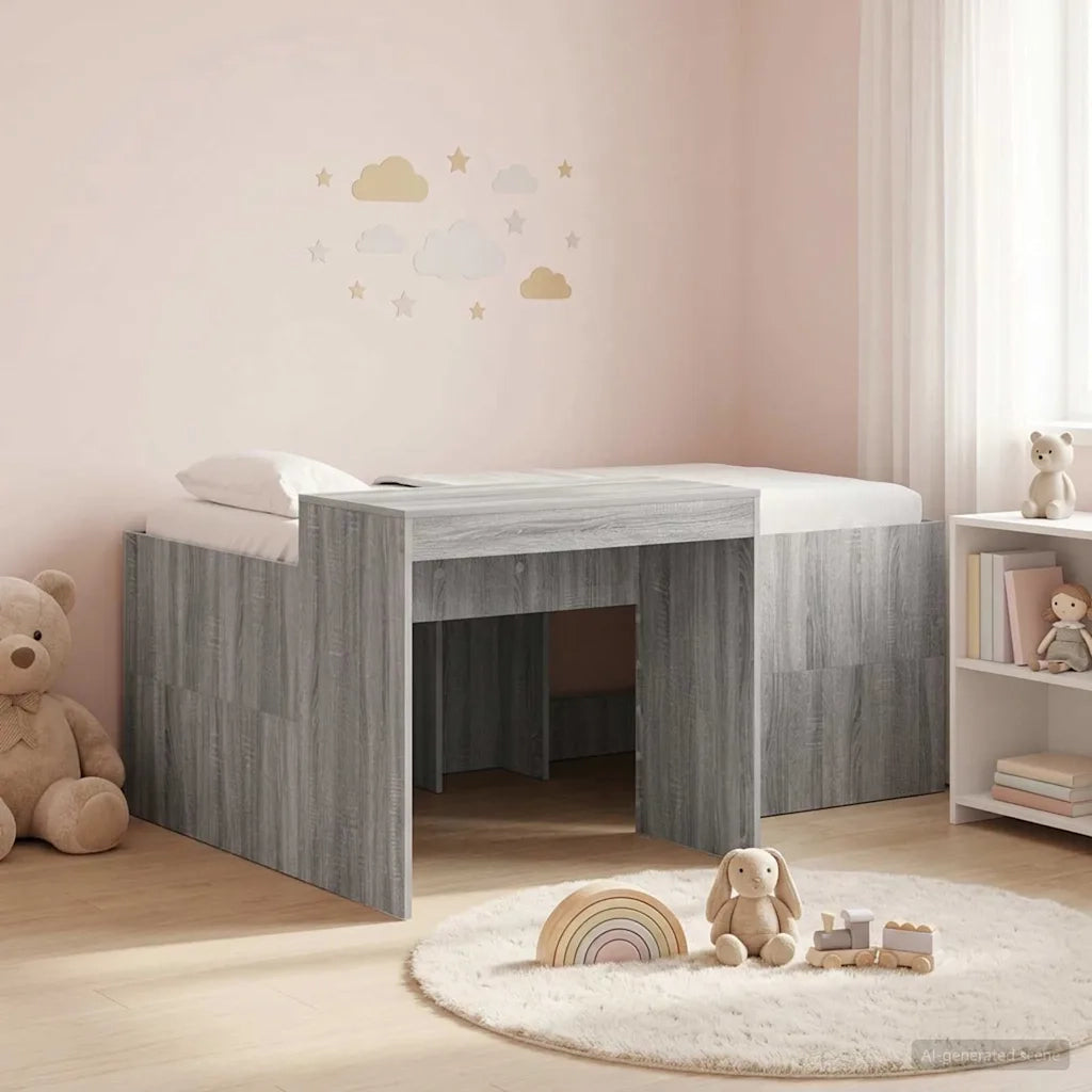 Letto alto per Bambini | Letto Infantile | Lettino con scrivania Sonoma grigio