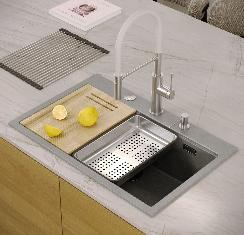 Lavello In Granito Marc 110 Workstation Grey Metallic Tappo oro