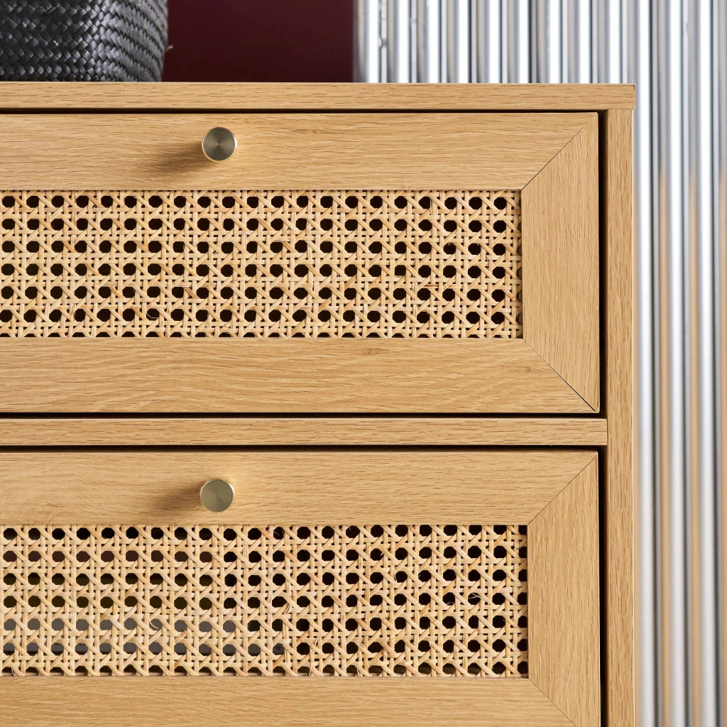 Cassettiera decorazione legno e cannage 3 cassetti, marrone naturale