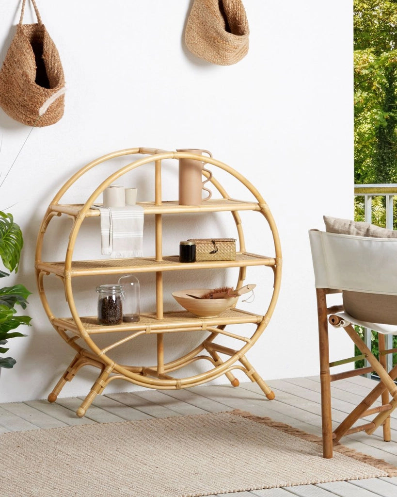 Scaffale a 3 ripiani in rattan naturale e legno chiaro 109 cm soggiorno libreria camera da letto