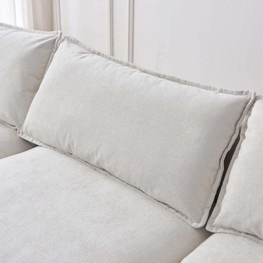Divano angolare modulare in chenille con pouf mobile e 3 posti, struttura in legno massiccio, beige