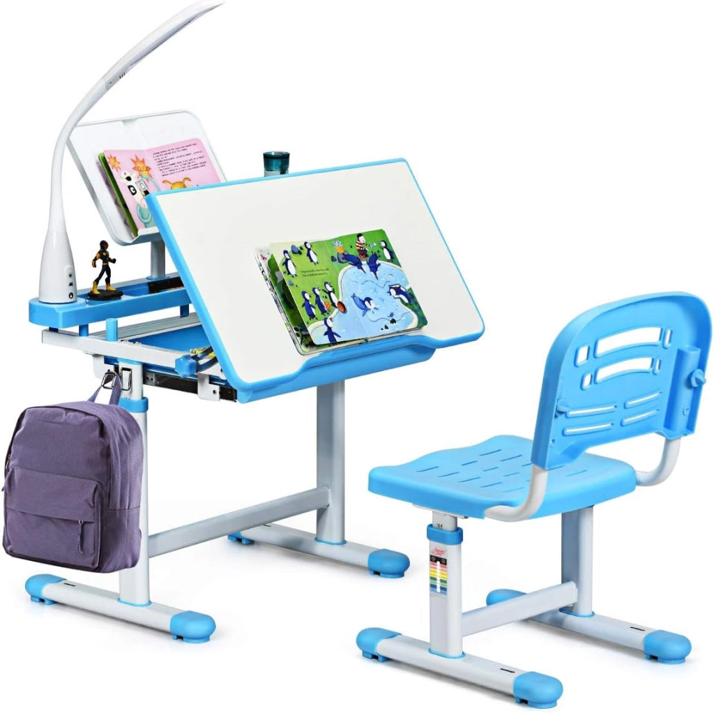 Set Scrivania e Sedia per Bambini 3-12 Anni, Altezza e Angolo Regolabile e Multifunzionale, Con Lampada di Protezione per gli Occhie Cornice per la Lettura (BLU)