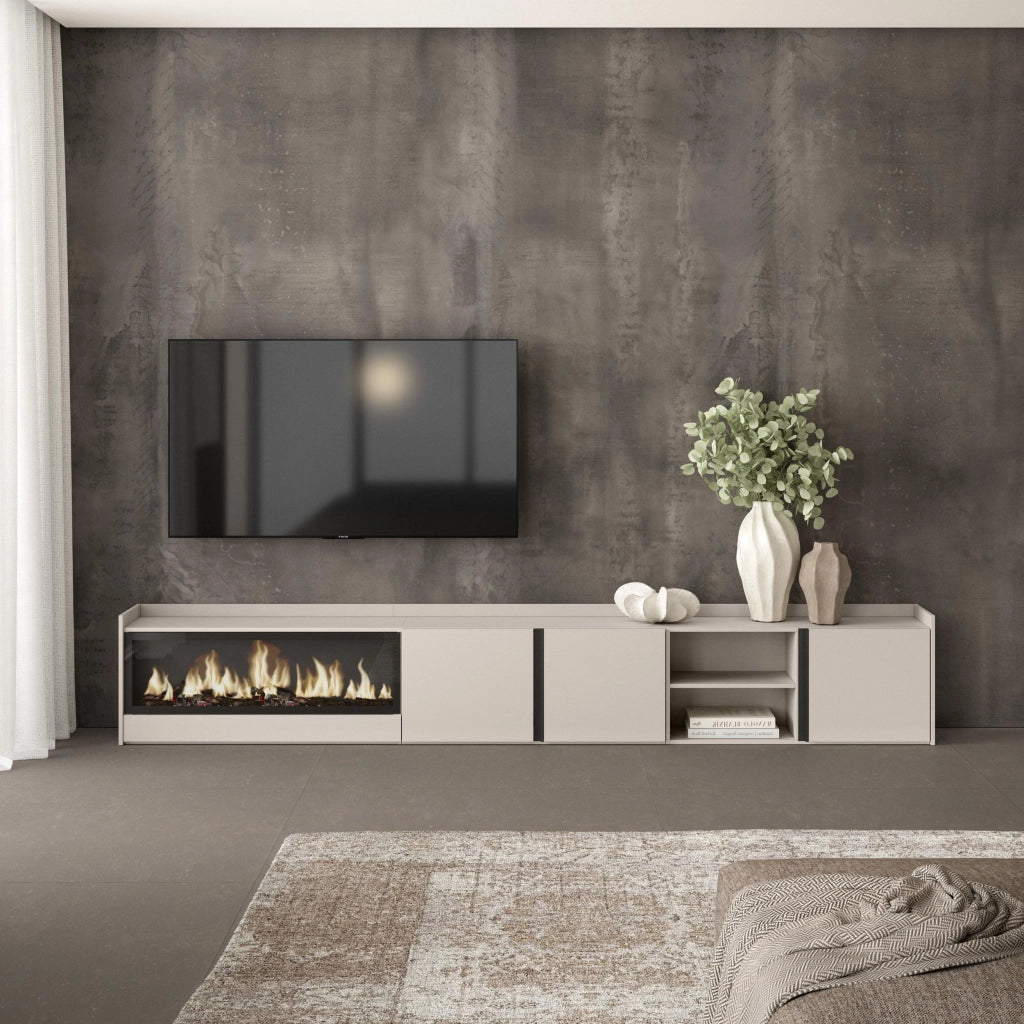 Mobile TV Soggiorno, 315x50x35 cm, Per TV fino a 80", Camino elettrico XXL, Beige