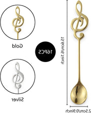Set di cucchiai per caffè musicale in acciaio inossidabile con note musicali, 16 pezzi, per musicisti, caffè, tè e dessert (argento e oro)