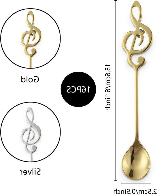 Set di cucchiai per caffè musicale in acciaio inossidabile con note musicali, 16 pezzi, per musicisti, caffè, tè e dessert (argento e oro)
