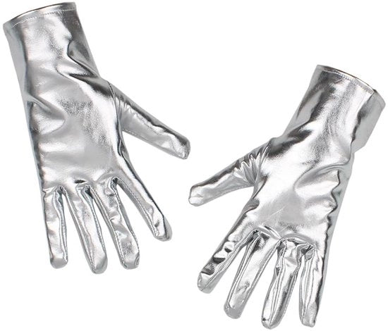 Manopole in pelle sintetica argentata, 23,5 cm, con effetto bagnato, lunghe fino al polso, elastiche, in pelle sintetica, con dita lunghe, ideali per Halloween