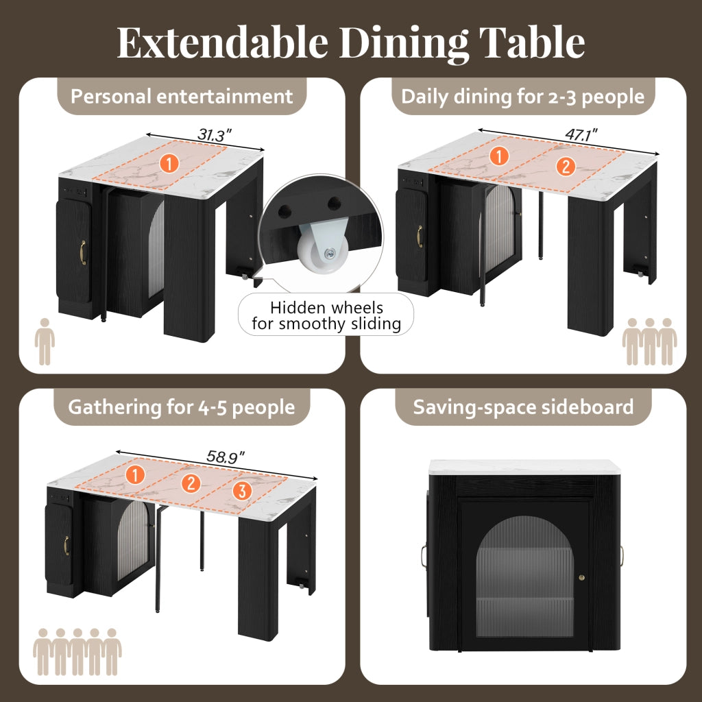 Carrello da cucina con Tavolo allungabile; 3 Scomparti; Ruote; LED e Presa; MDF Vetro; Bianco Nero