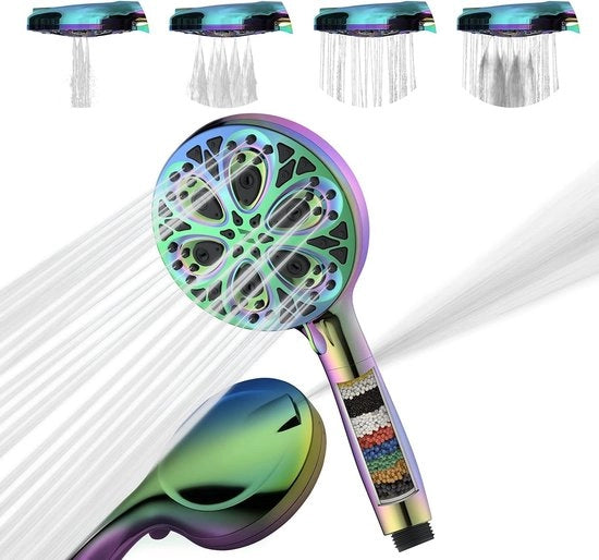 Douchekop con alta pressione con filtro e 10 impostazioni di getto - manichette da doccia a 5 pollici di lusso - getti potenti di alta pressione - 10 funzioni - pioggia iridescente