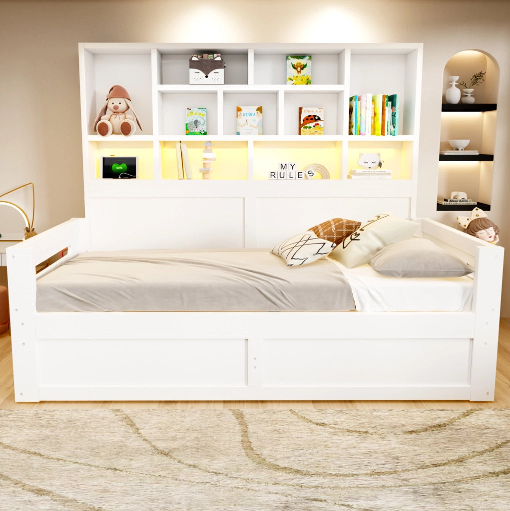Letto singolo multifunzione ULEVR 90x200 cm con vano idraulico, LED e prese, MDF bianco