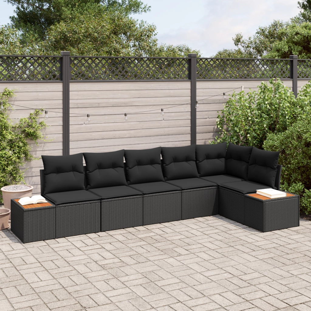 Set Divano da Giardino 6 Pezzi con Cuscini Nero Polyrattan Acacia