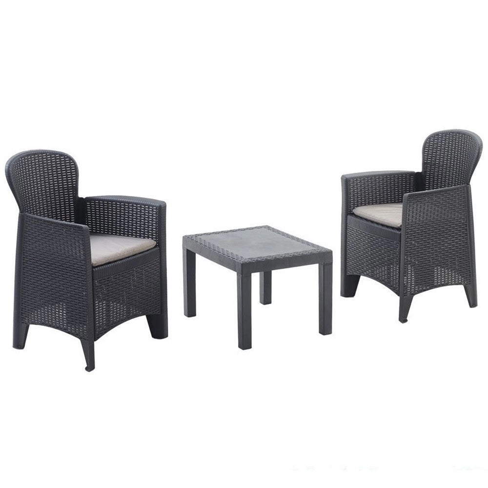 Trade Shop - Set Salotto Con Tavolino 2 Poltrone Antracite Effetto Rattan Con Cuscini Giardino 591042 -