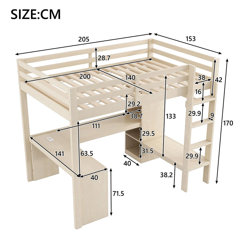 Letto mezzanino 140x200cm?- Xylo - scrivania LED USB naturale