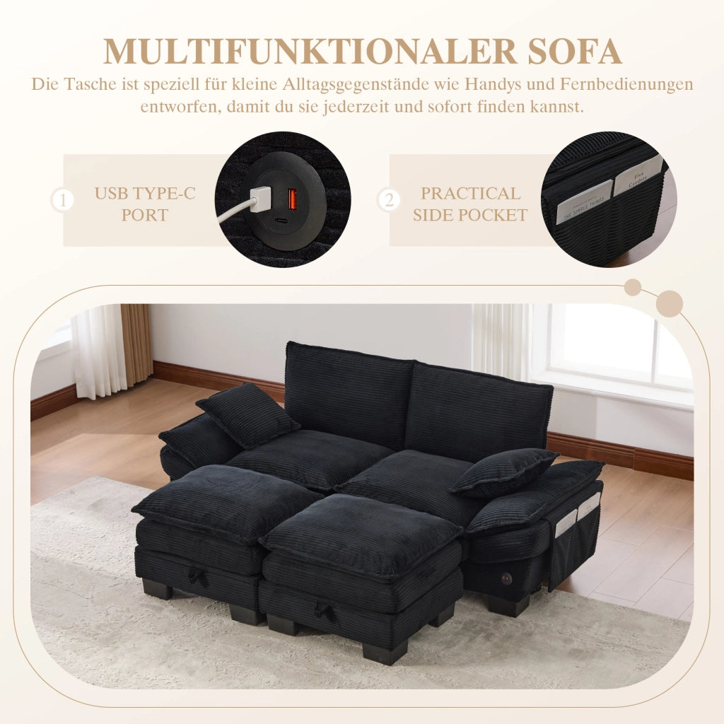 Divano modulare 2 posti con schienale ergonomico, porta USB-C e tasche laterali, con pouf in tessuto corduroy nero