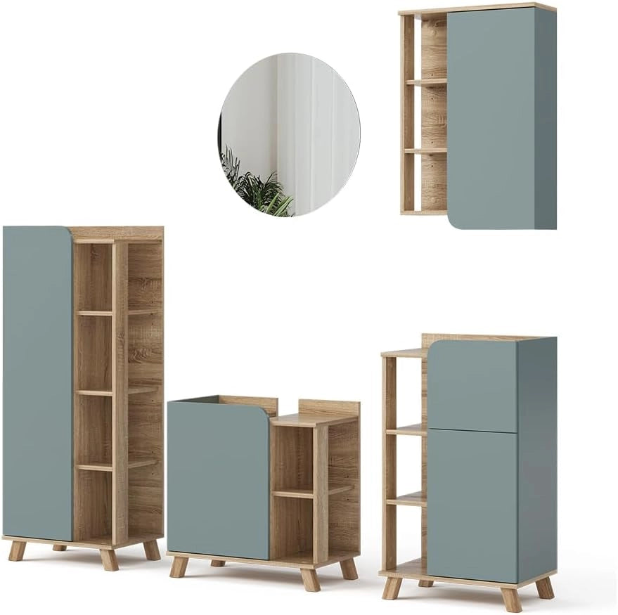 Set di mobili da bagno Karen, Sonoma/antracite, 60 cm, composto da mobile sottolavabo, specchiera, colonna, base media e pensile