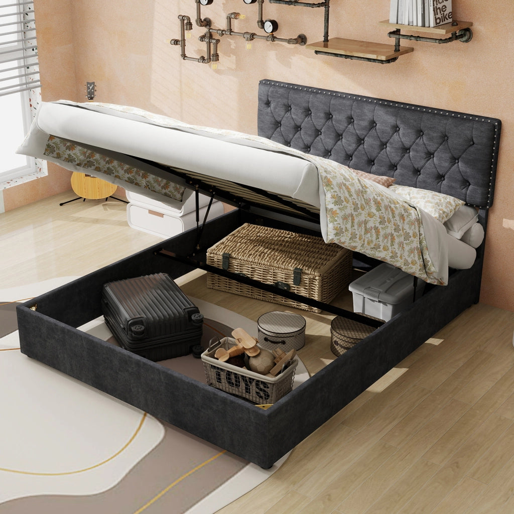 Letto Matrimoniale 140x200 cm; con spazio sotto il letto; in Tessuto e Metallo; Grigio