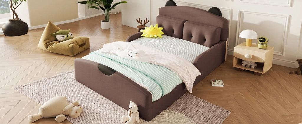 Letto per bambini 140 × 200 cm con testiera imbottita a forma di orso e 2 cuscini, senza materasso, in lino, caffè