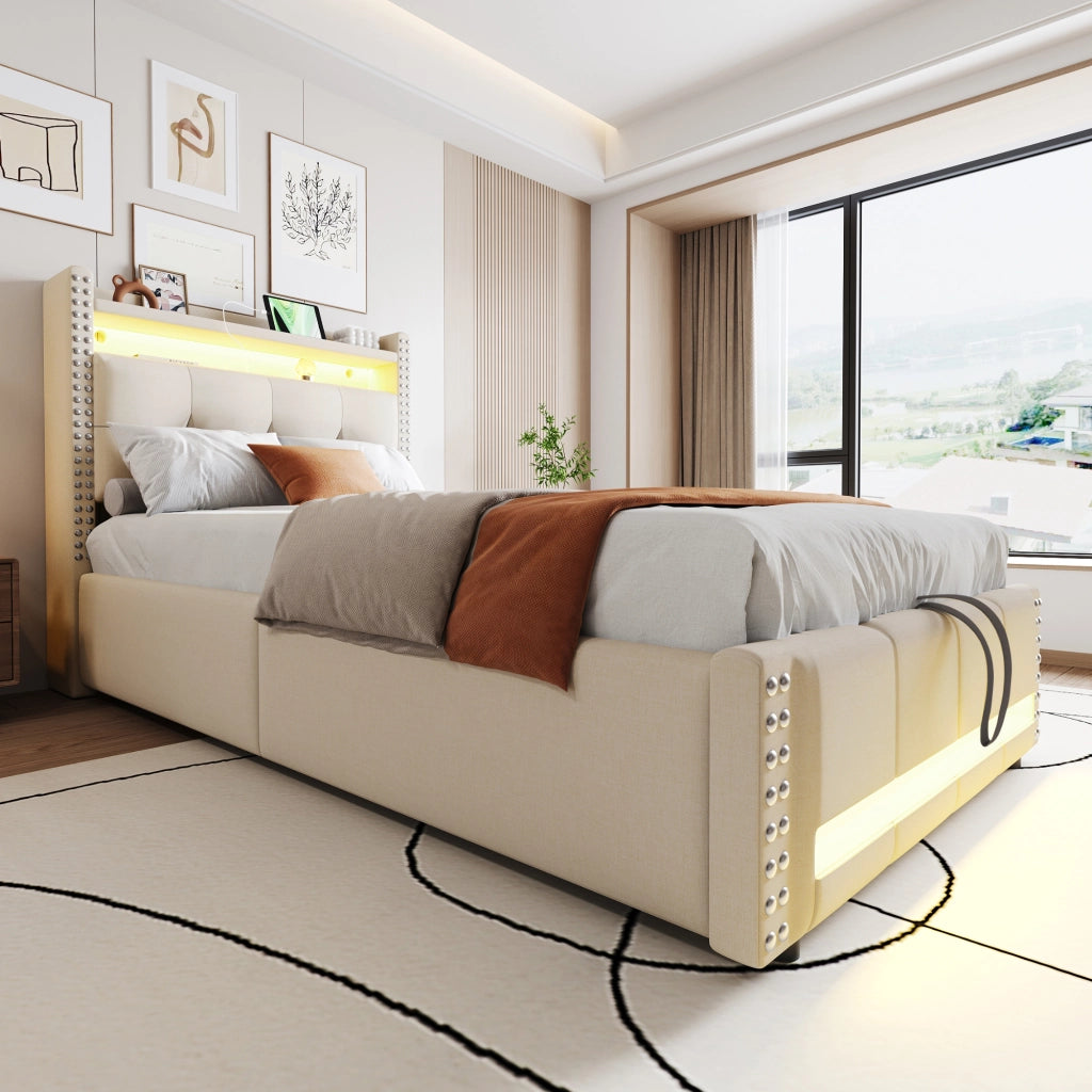 LETTO imbottito singolo 90x200 cm Beige con LED, USB e contenitore