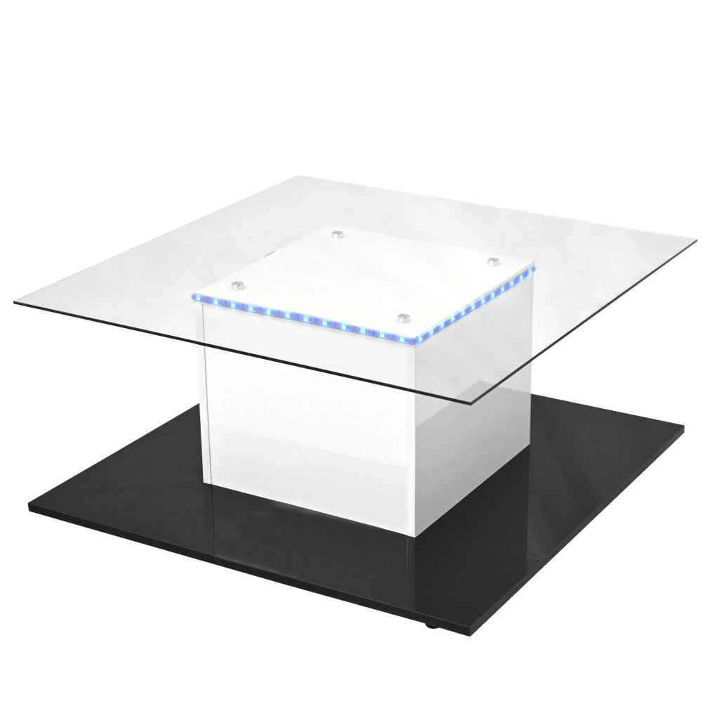 Tavolino da salotto moderno 80x80x40 cm con LED; vetro temperato; bianco e nero