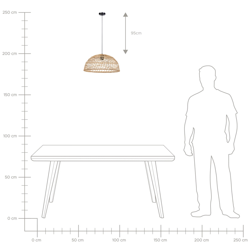 Lampadario in rattan naturale di colore beige123 cm con paralume traforato