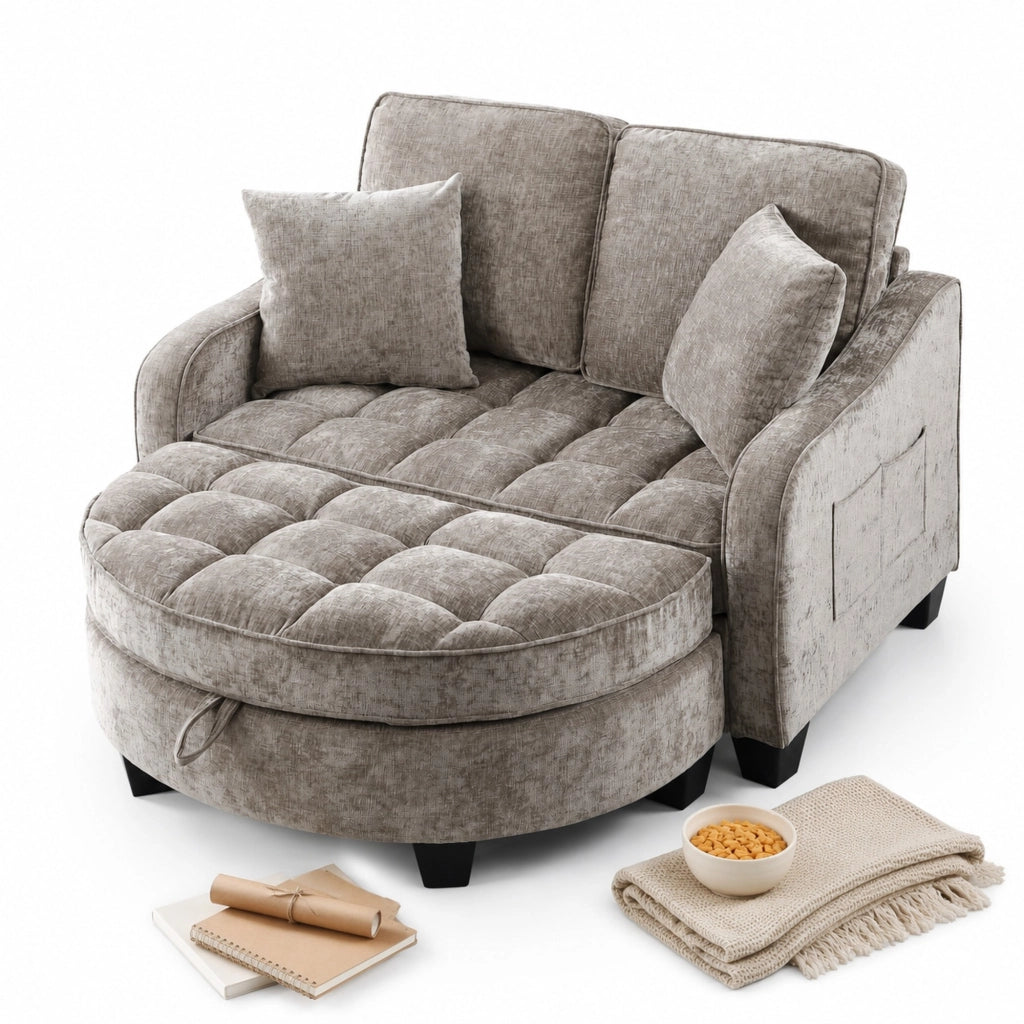 Divano letto 2-in-1 con pouf contenitore; struttura in eucalipto; marrone