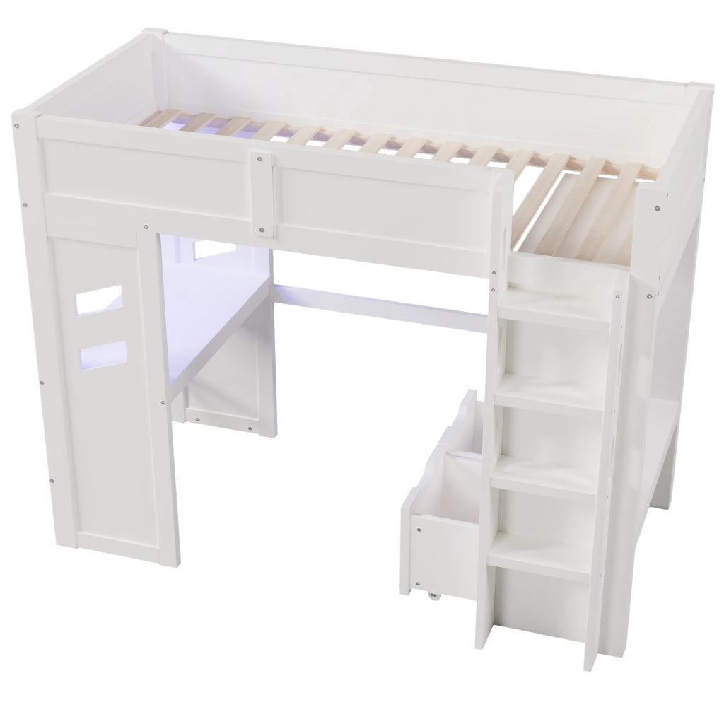 DESMIU Letto a soppalco 1 posto con scrivania, 2 cassetti, USB, Type-C e LED 90 × 200 cm, senza materasso
