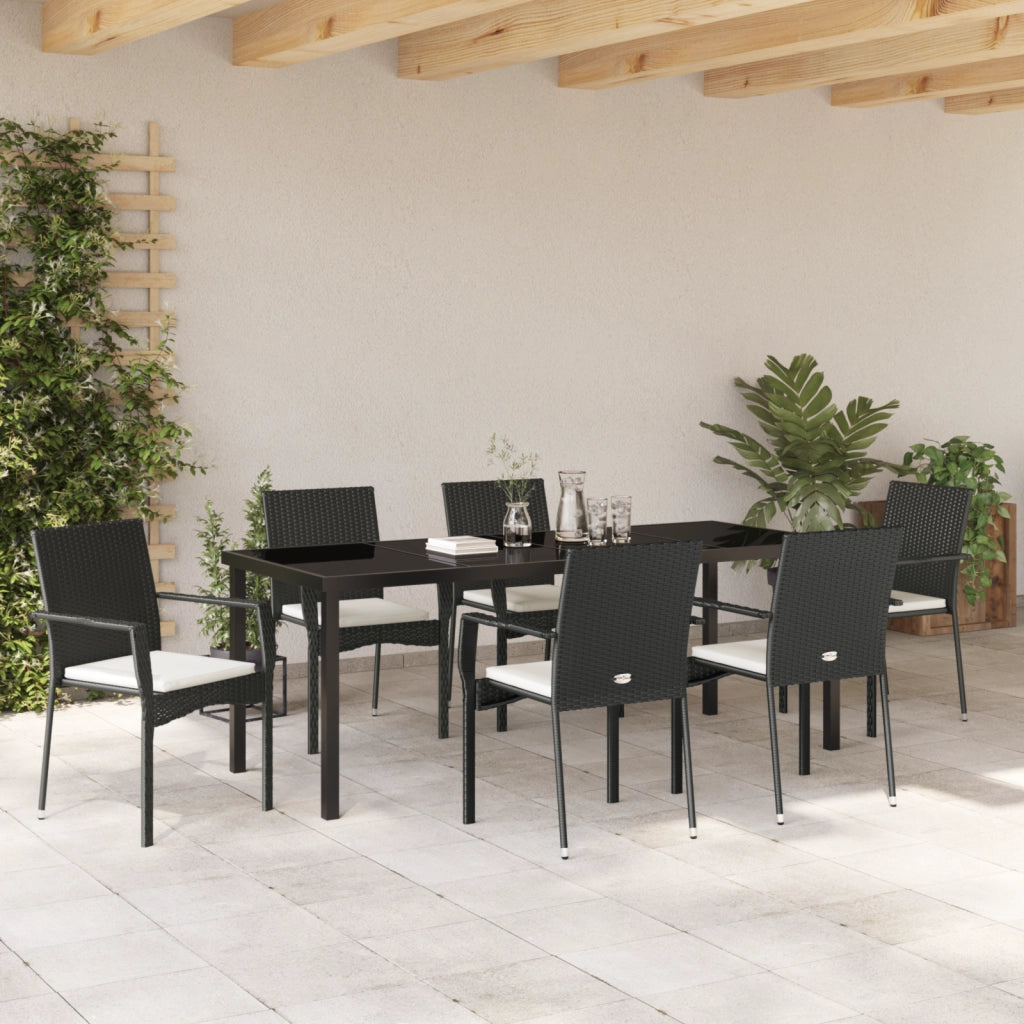 Set da Pranzo da Giardino 7 Pezzi con Cuscini Nero Polyrattan