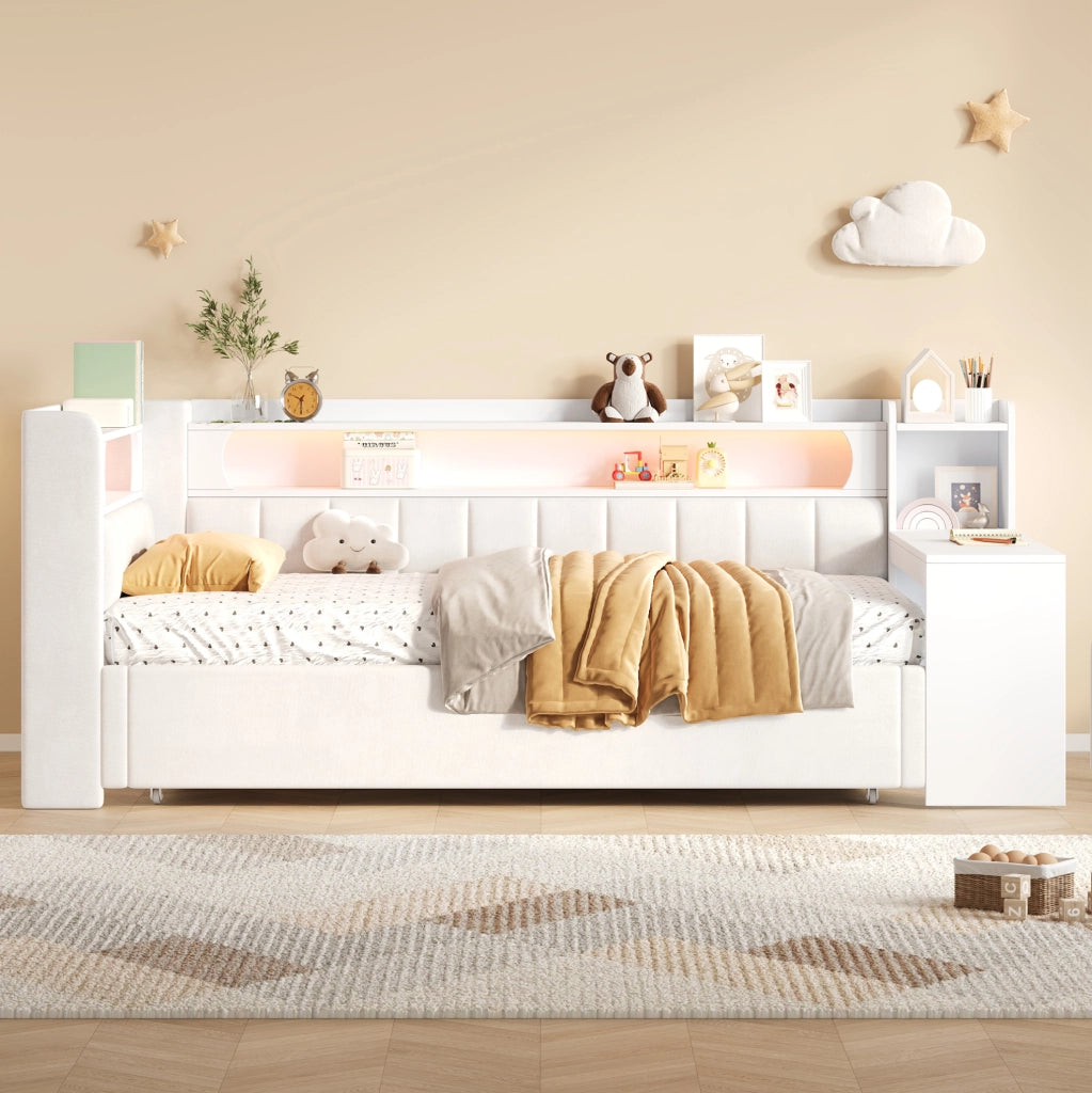 Divano Letto Imbottito Bianco 90x200 cm con Letto Estraibile 180x200 cm, USB, LED e Scrivania Integrata