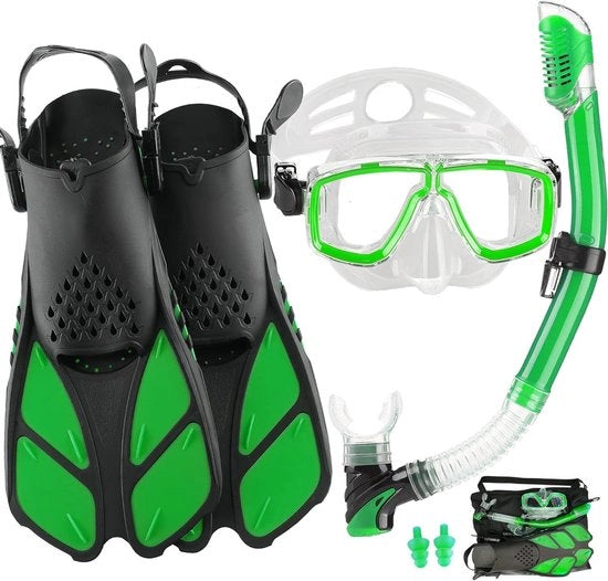 Set di snorkeling per adulti - Formato di viaggio con pinne regolabili, maschera da sub e snorkel Dry Top con borsa da trasporto