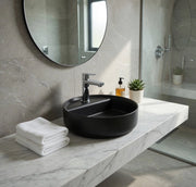 Lavabo tondo da appoggio senza troppo pieno in ceramica con foro rubinetto - Nero Opaco
