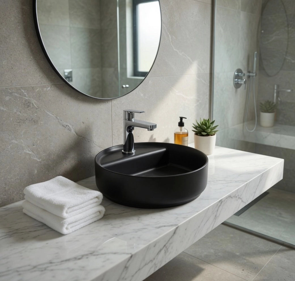 Lavabo tondo da appoggio senza troppo pieno in ceramica con foro rubinetto - Nero Opaco