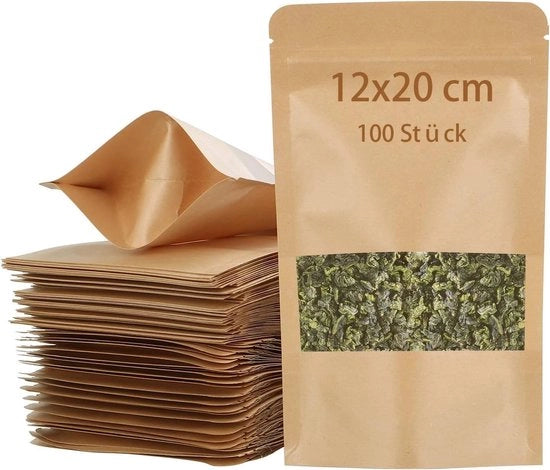 Borse di Carta 100 Unità - Marrone - 12 x 20 cm - Borse di Carta con Finestra di Visibilità - Sicure per Cibi - Impermeabili - Riciclabili - Borse di Confezione