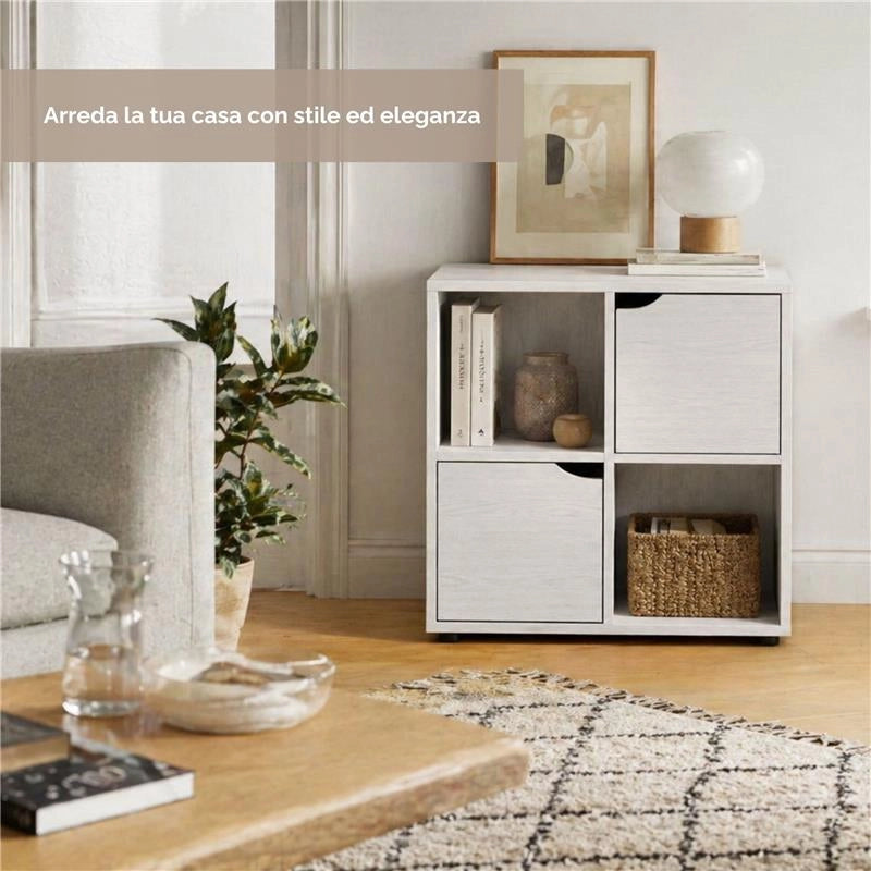 LIBRERIA CUBICA IN LEGNO BIANCO MODERNA CON 4 RIPIANI 2 CON ANTE DIMENSIONI 60X30X63 CM
